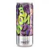 An aluminum beverage can with a green and purple fluorescent graphic treatment applied.